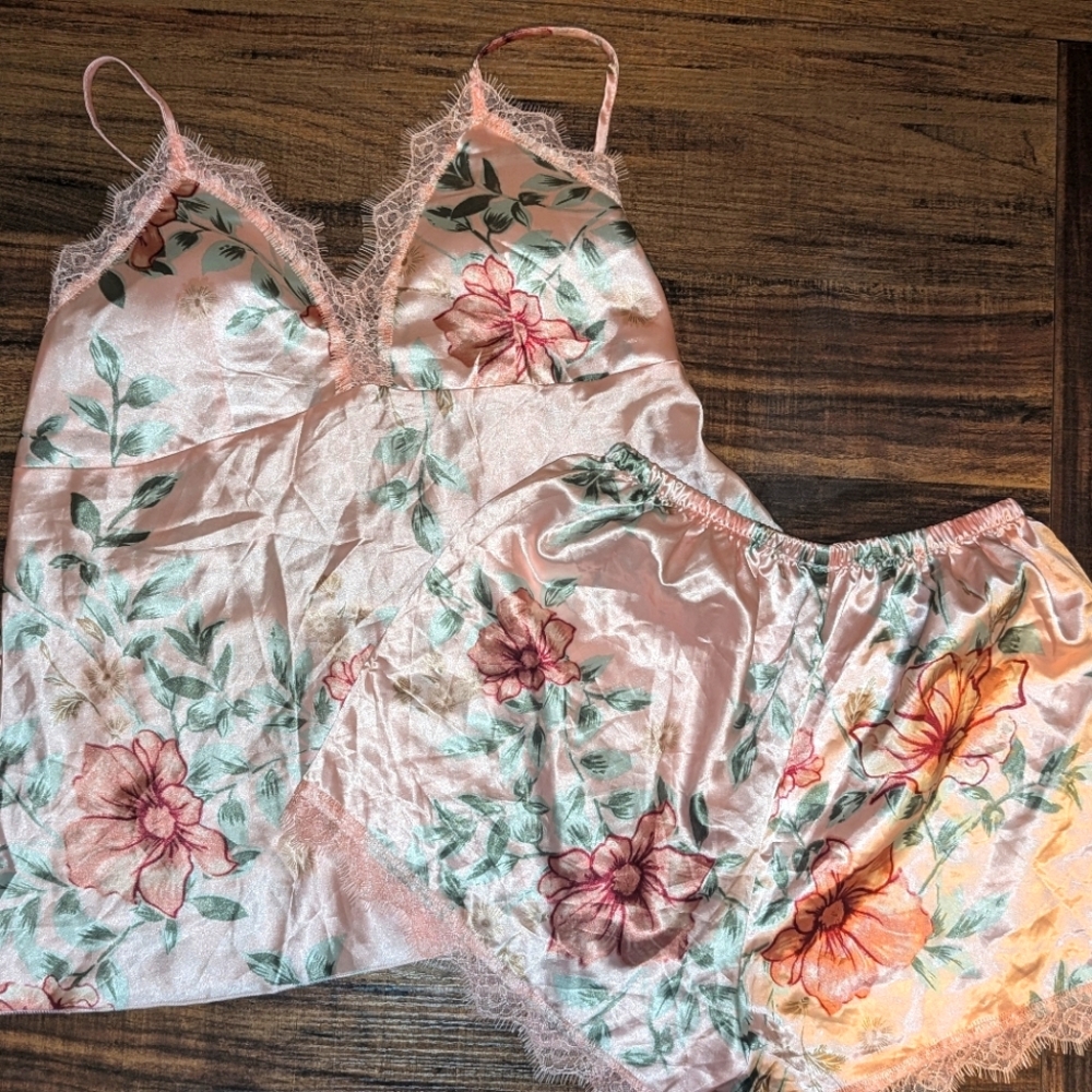 5-Piece Silk Pink Floral Pajama Set